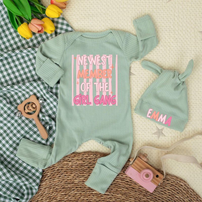 Newest Member of the Girl Gang Baby Bodysuit Funny Outfit for Infant Girl Shower Gift Custom Newborn Clothes Soft Pink Orange Design
