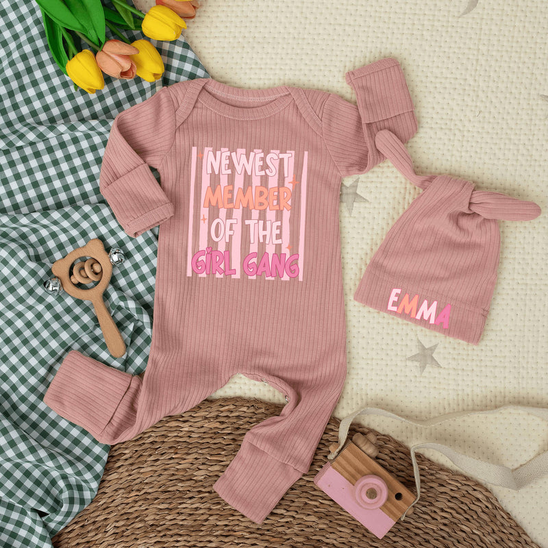 Newest Member of the Girl Gang Baby Bodysuit Funny Outfit for Infant Girl Shower Gift Custom Newborn Clothes Soft Pink Orange Design