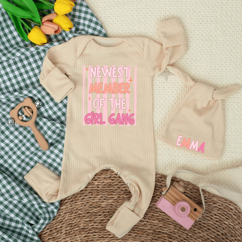 Newest Member of the Girl Gang Baby Bodysuit Funny Outfit for Infant Girl Shower Gift Custom Newborn Clothes Soft Pink Orange Design