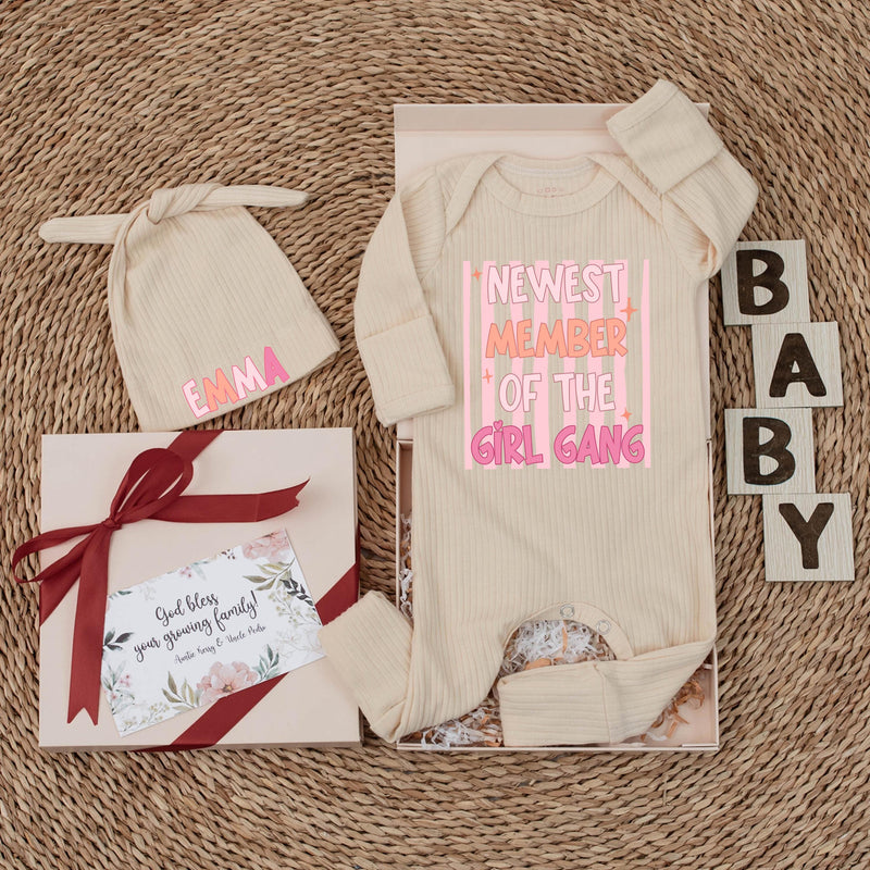Newest Member of the Girl Gang Baby Bodysuit Funny Outfit for Infant Girl Shower Gift Custom Newborn Clothes Soft Pink Orange Design