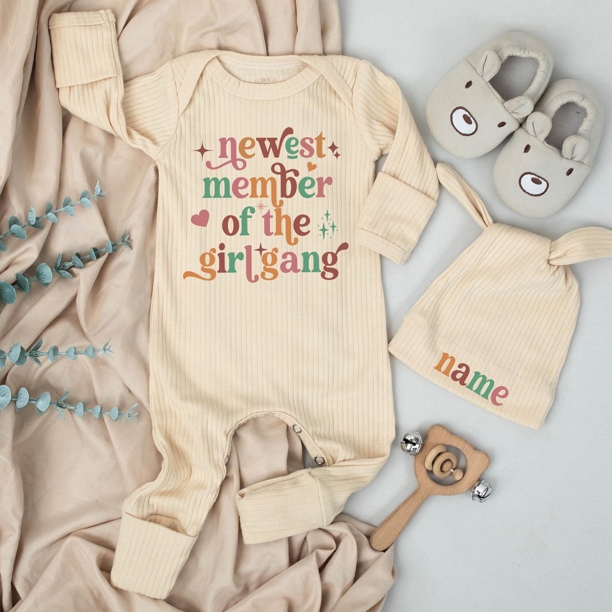 Newest Member of the Girl Gang Baby Bodysuit Set with Hat Custom Name Retro Design Funny Newborn Clothes Baby Shower Gift Coming Home Outfit