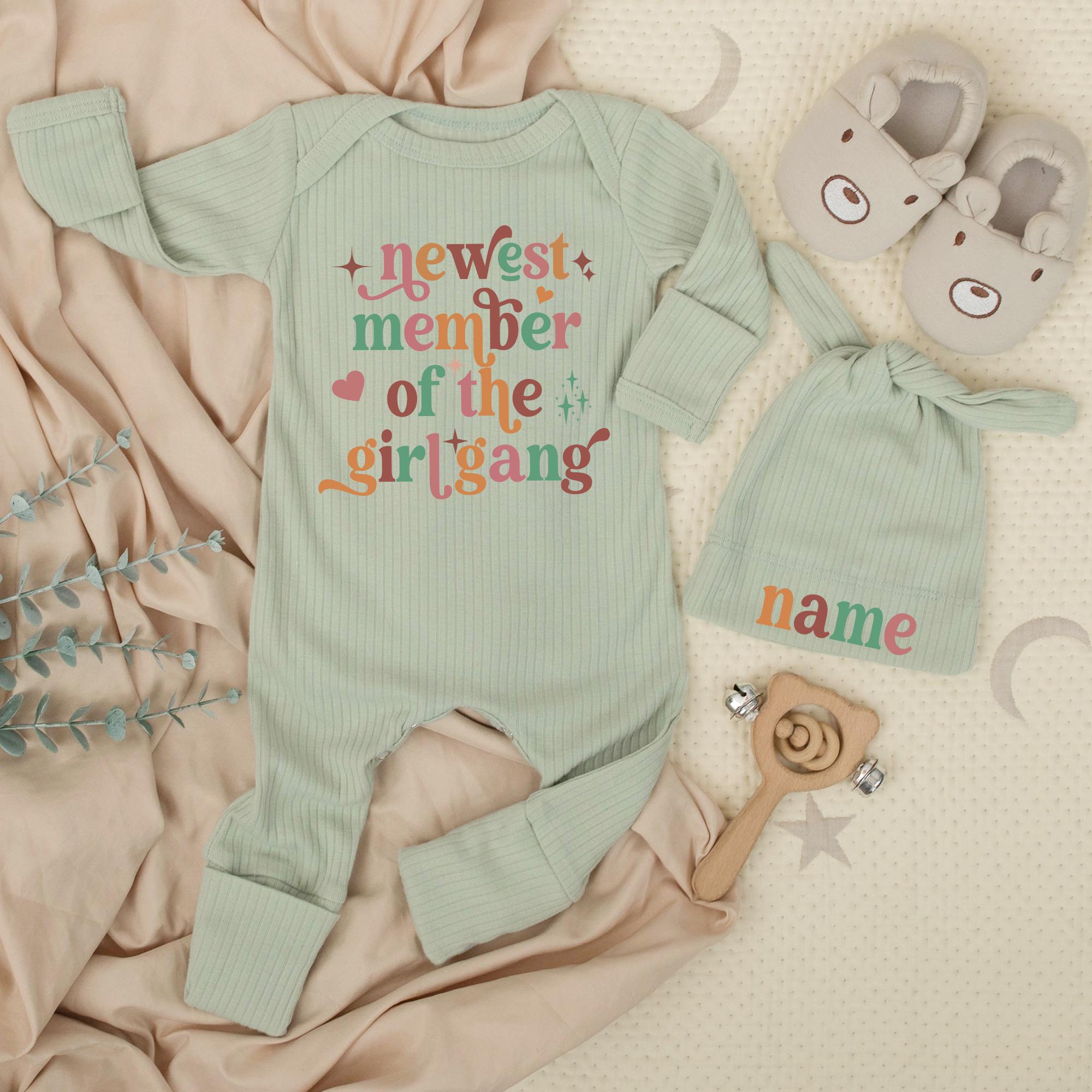 Newest Member of the Girl Gang Baby Bodysuit Set with Hat Custom Name Retro Design Funny Newborn Clothes Baby Shower Gift Coming Home Outfit