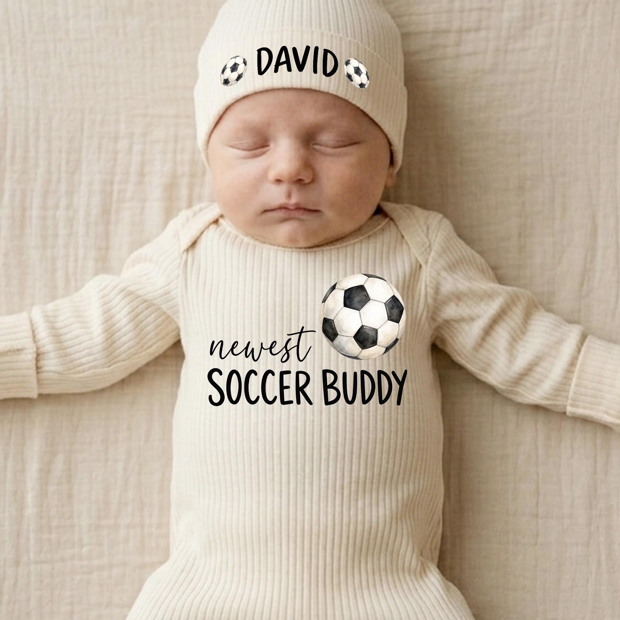 Newest Soccer Buddy Baby Romper with Ball Graphic and Custom Name Hat, Newborn Coming Home Outfit for Soccer Fans