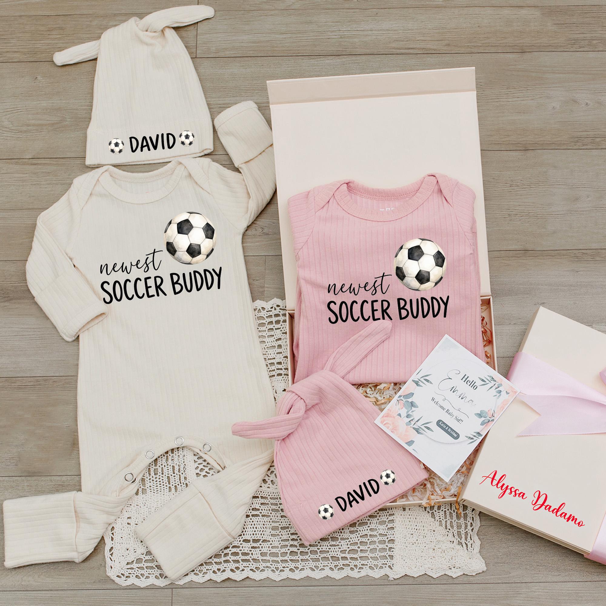 Newest Soccer Buddy Baby Romper with Ball Graphic and Custom Name Hat, Newborn Coming Home Outfit for Soccer Fans