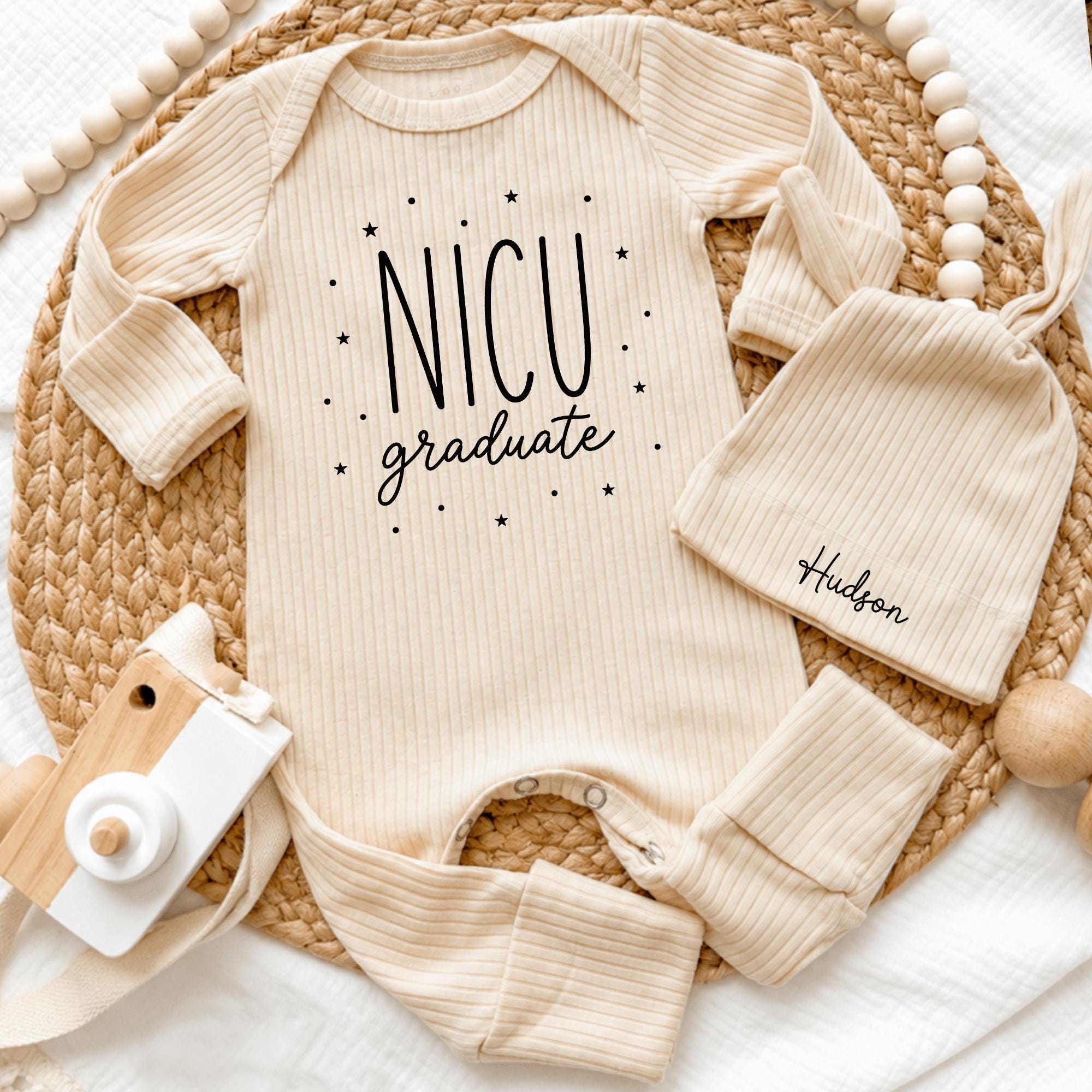 NICU Graduate Baby Bodysuit with Stars Design and Custom Name Hat, Newborn Coming Home Outfit for Preemie Baby Gift Set