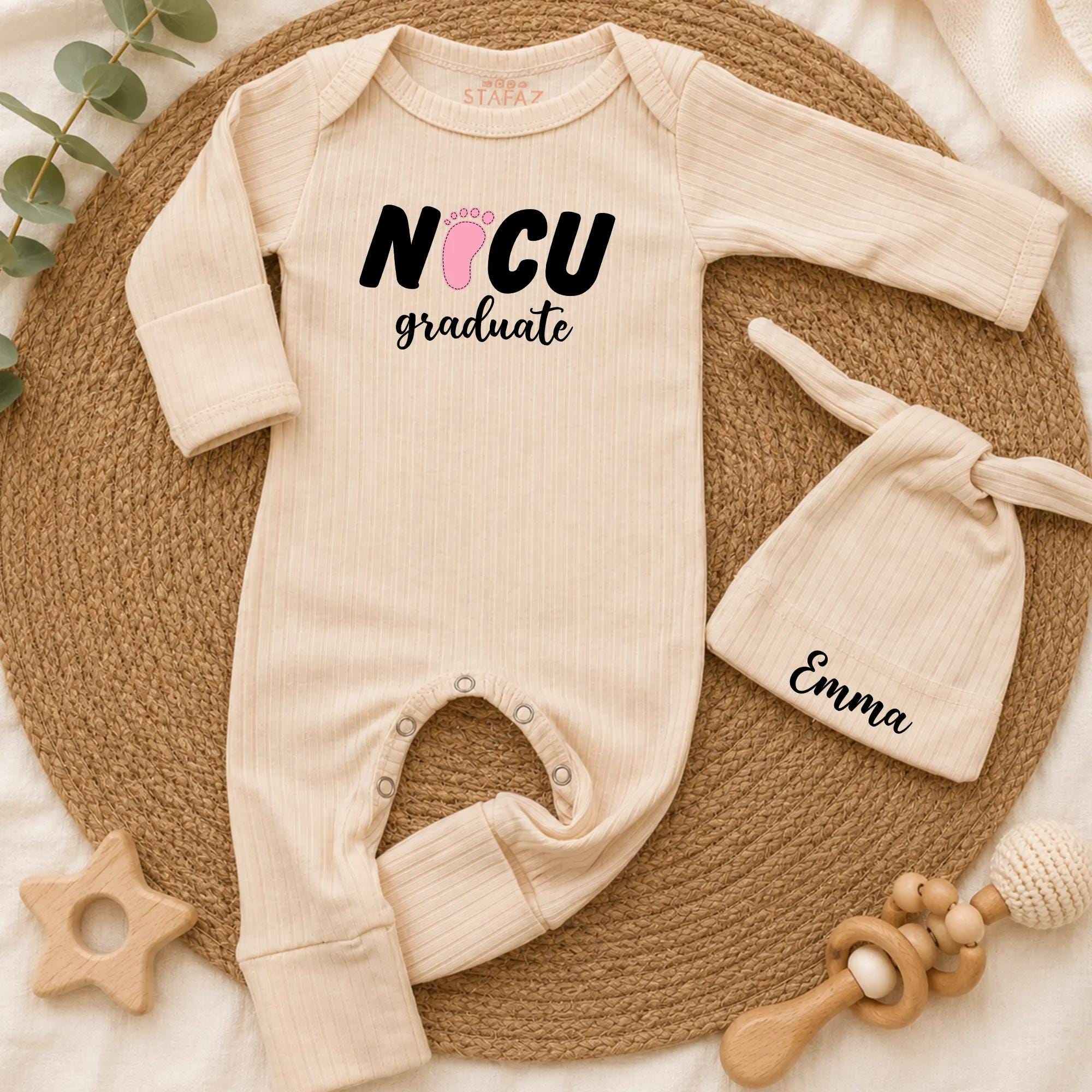 NICU Graduate Baby Romper with Pink Footprint Design, Custom Name Option, Preemie Coming Home Outfit, Baby Milestone Keepsake Gift