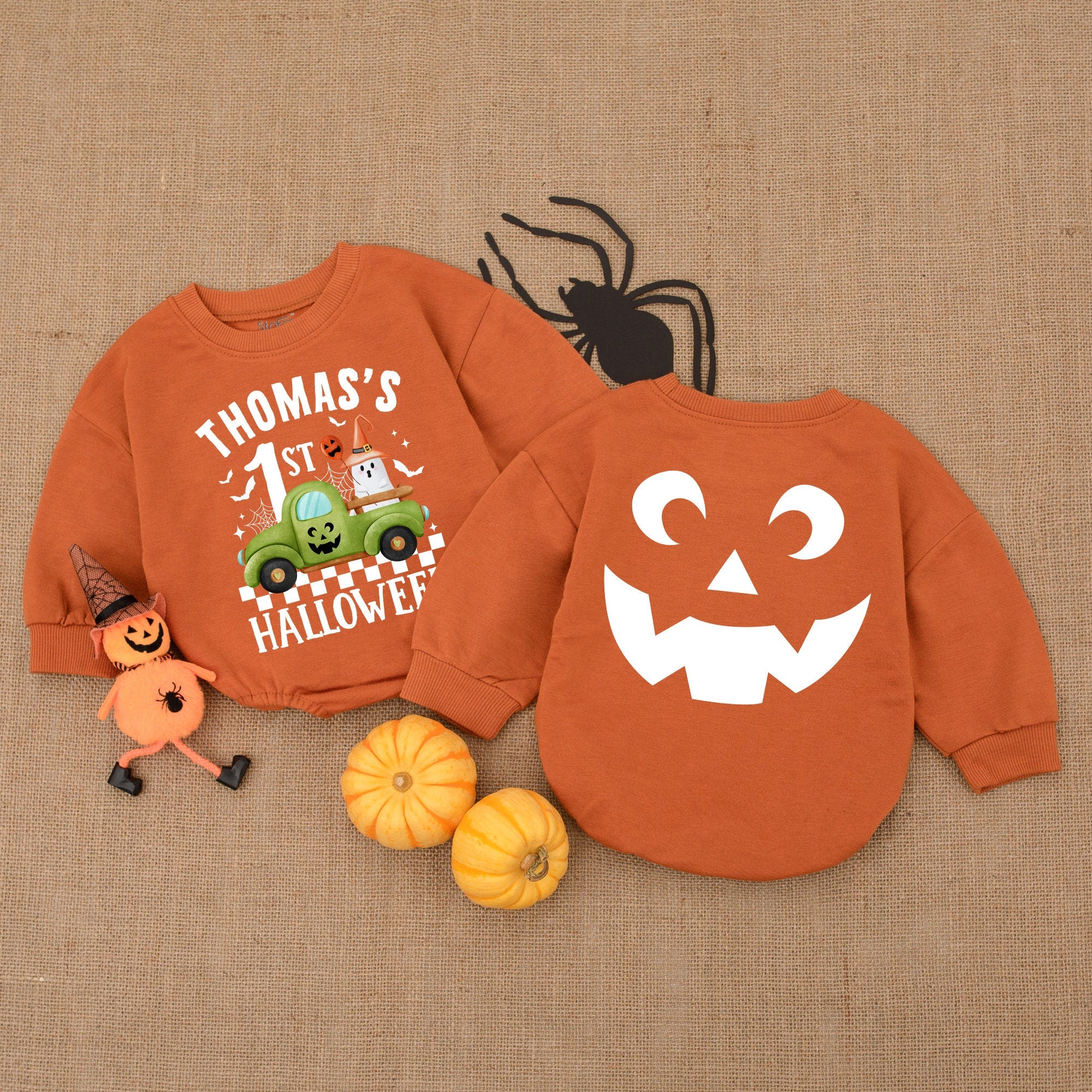 Noah's 1st Halloween Romper Baby Boy Costume Fun Pumpkin Ghost Design Personalized Baby Shower Gift Soft Comfortable Holiday Outfit