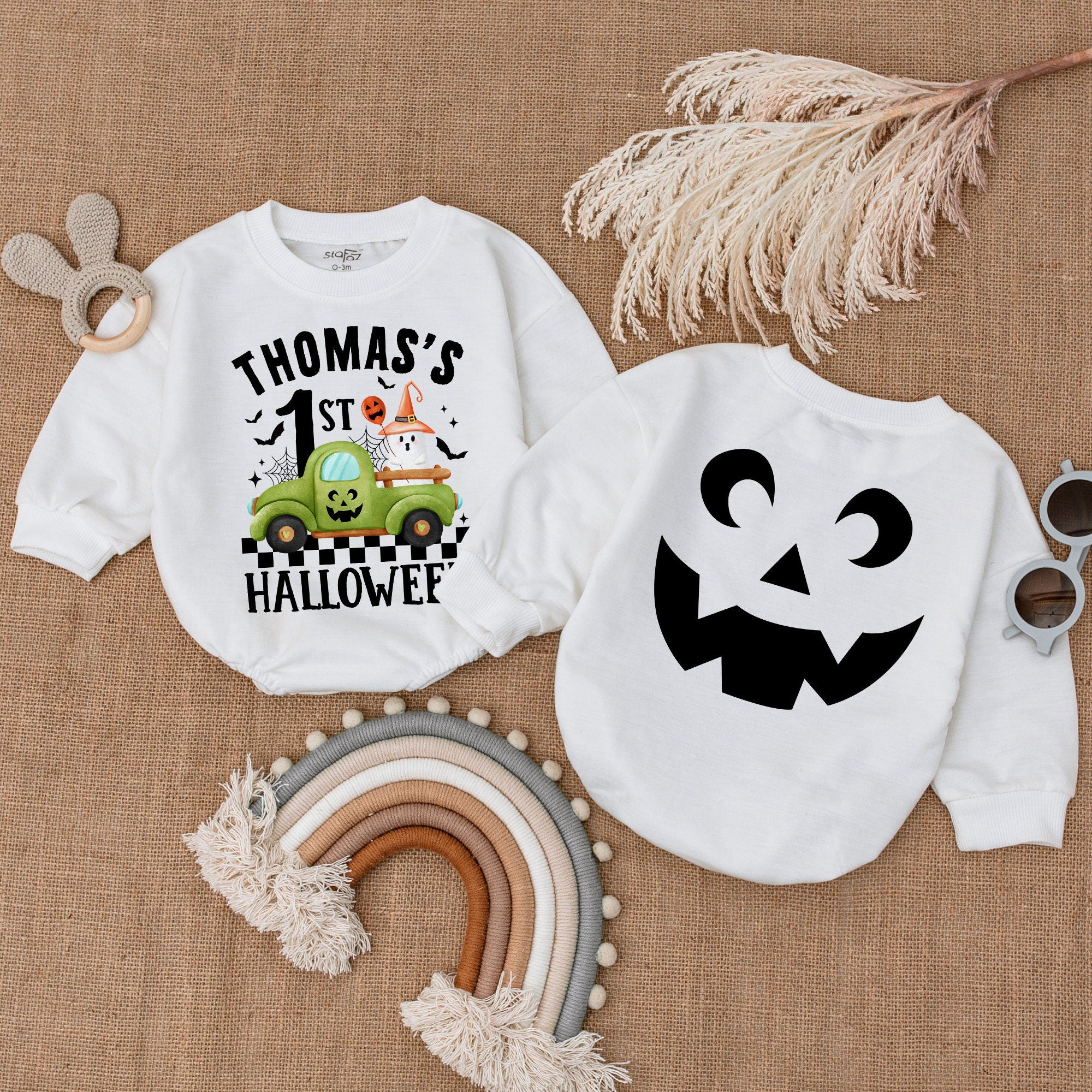 Noah's 1st Halloween Romper Baby Boy Costume Fun Pumpkin Ghost Design Personalized Baby Shower Gift Soft Comfortable Holiday Outfit
