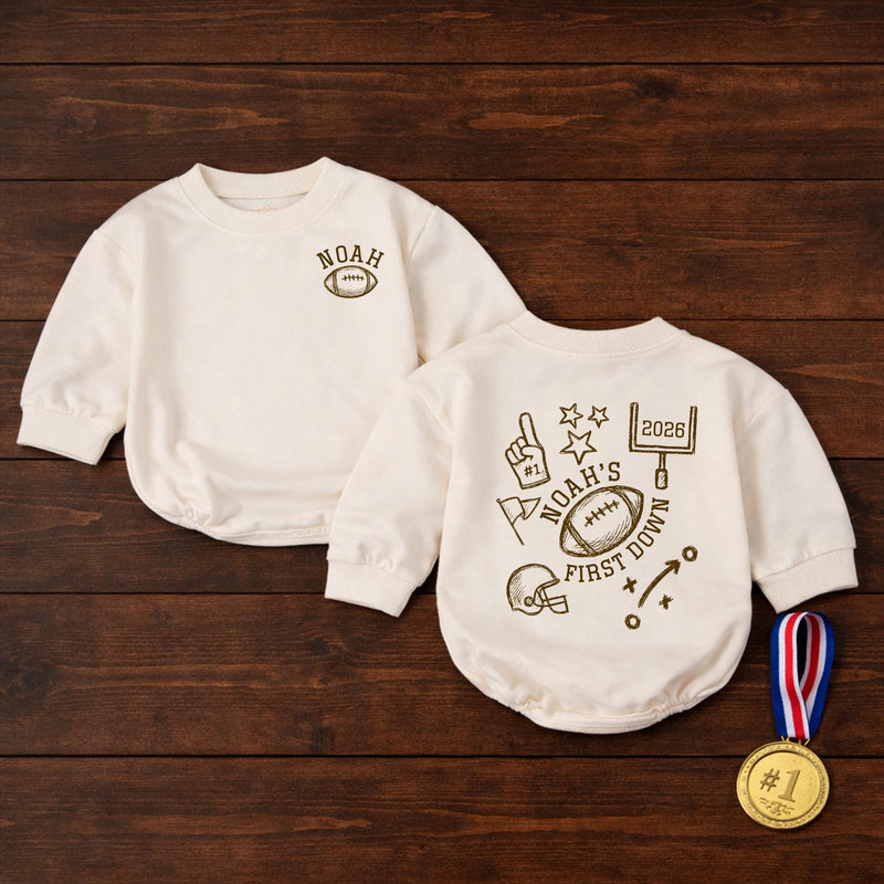 Noah's First Down Football Baby Romper with Custom Name, Sports-Themed Birthday Outfit for Toddlers, Personalized Milestone Gift
