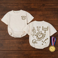 Noah's First Down Football Baby Romper with Custom Name, Sports-Themed Birthday Outfit for Toddlers, Personalized Milestone Gift