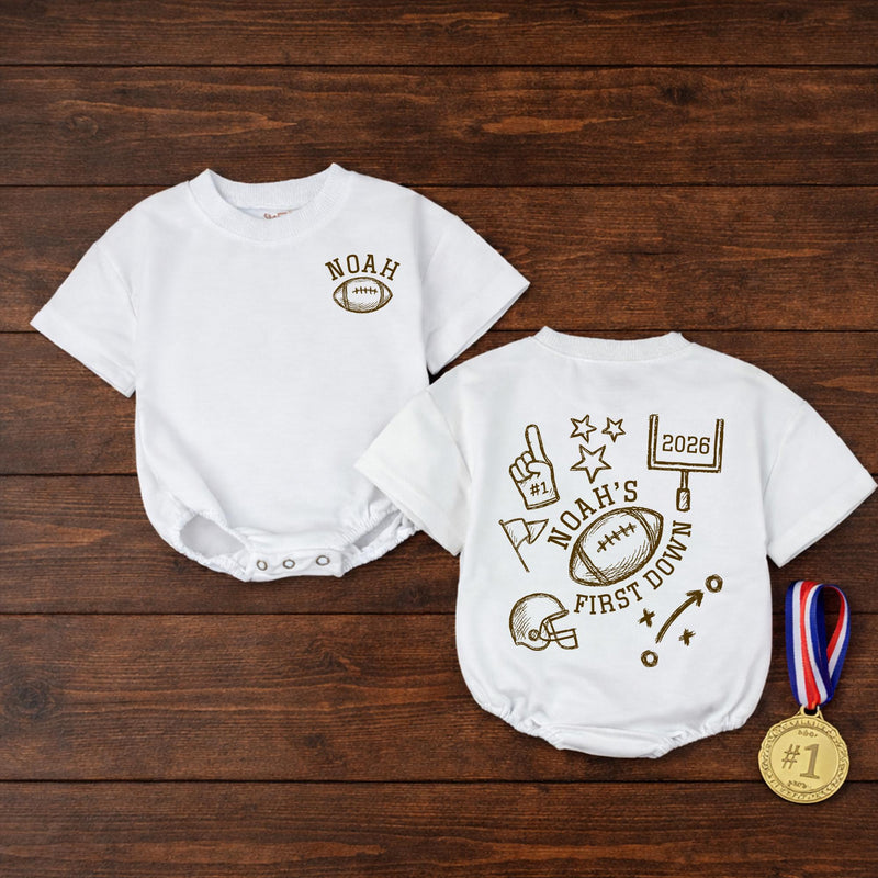Noah's First Down Football Baby Romper with Custom Name, Sports-Themed Birthday Outfit for Toddlers, Personalized Milestone Gift