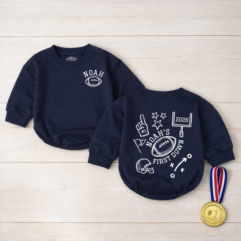 Noah's First Down Football Baby Romper with Custom Name, Sports-Themed Birthday Outfit for Toddlers, Personalized Milestone Gift