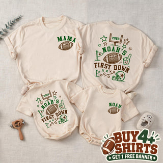 Noah's First Down Football Birthday Family Shirts, Matching Mama, Dad, Baby Tee Set, 1st Birthday Game Day Outfit with Custom Name