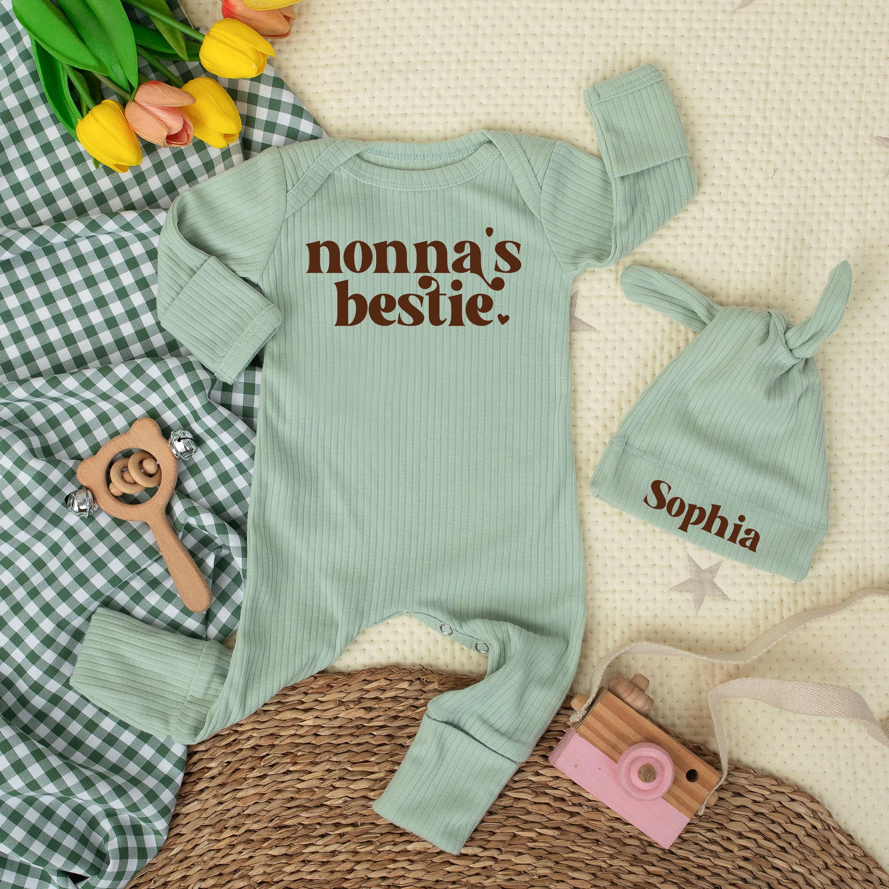 Nonna's Bestie Baby Bodysuit Retro 70s Style Custom Infant Outfit Funny Newborn Clothes Cute Gift for Grandma Baby Shower Announcement