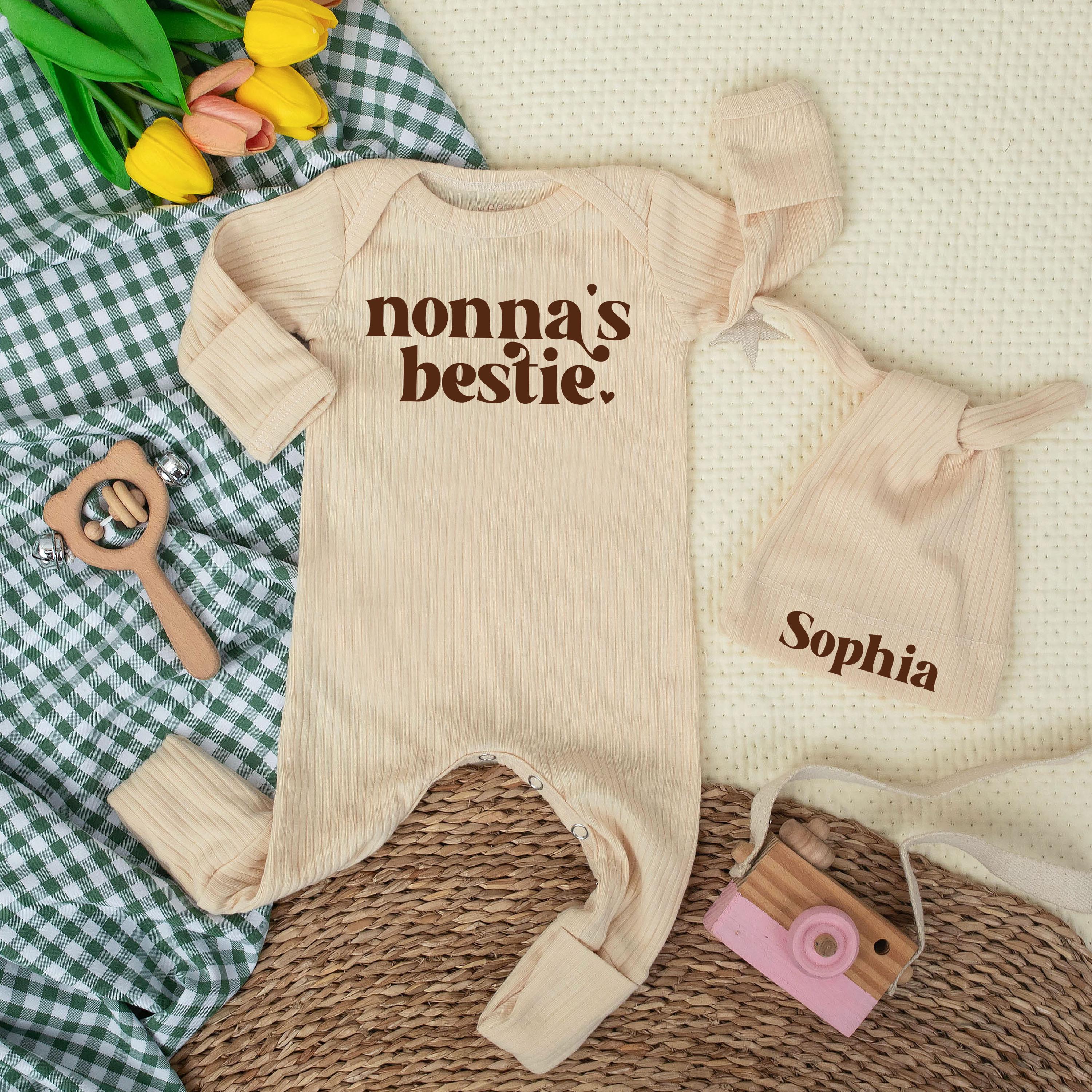 Nonna's Bestie Baby Bodysuit Retro 70s Style Custom Infant Outfit Funny Newborn Clothes Cute Gift for Grandma Baby Shower Announcement