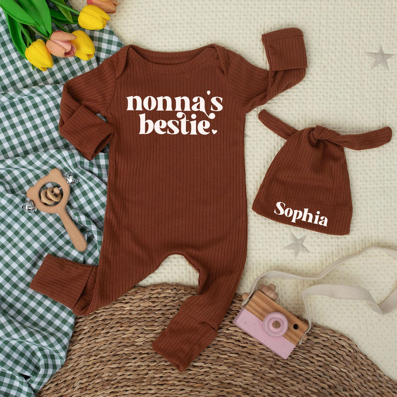 Nonna's Bestie Baby Bodysuit Retro 70s Style Custom Infant Outfit Funny Newborn Clothes Cute Gift for Grandma Baby Shower Announcement
