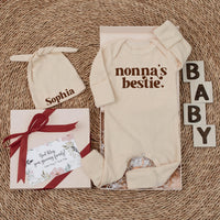 Nonna's Bestie Baby Bodysuit Retro 70s Style Custom Infant Outfit Funny Newborn Clothes Cute Gift for Grandma Baby Shower Announcement
