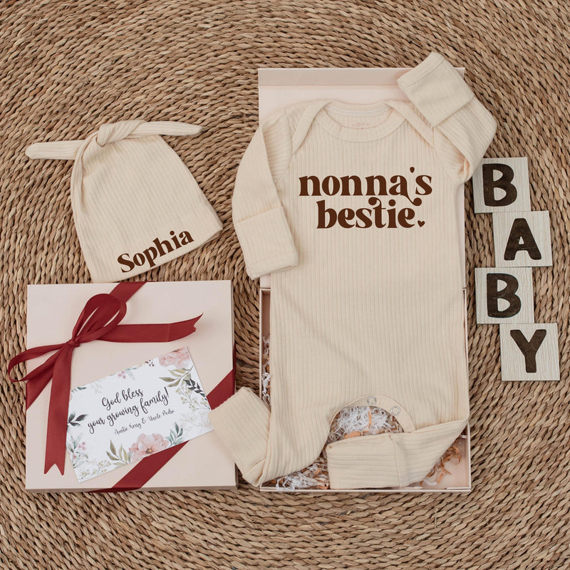 Nonna's Bestie Baby Bodysuit Retro 70s Style Custom Infant Outfit Funny Newborn Clothes Cute Gift for Grandma Baby Shower Announcement