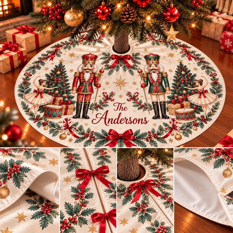 Nutcracker Christmas Tree Skirt with Custom Family Name, Festive Red and Green Holiday Decor, Traditional Ballet Design Tree Base Cover