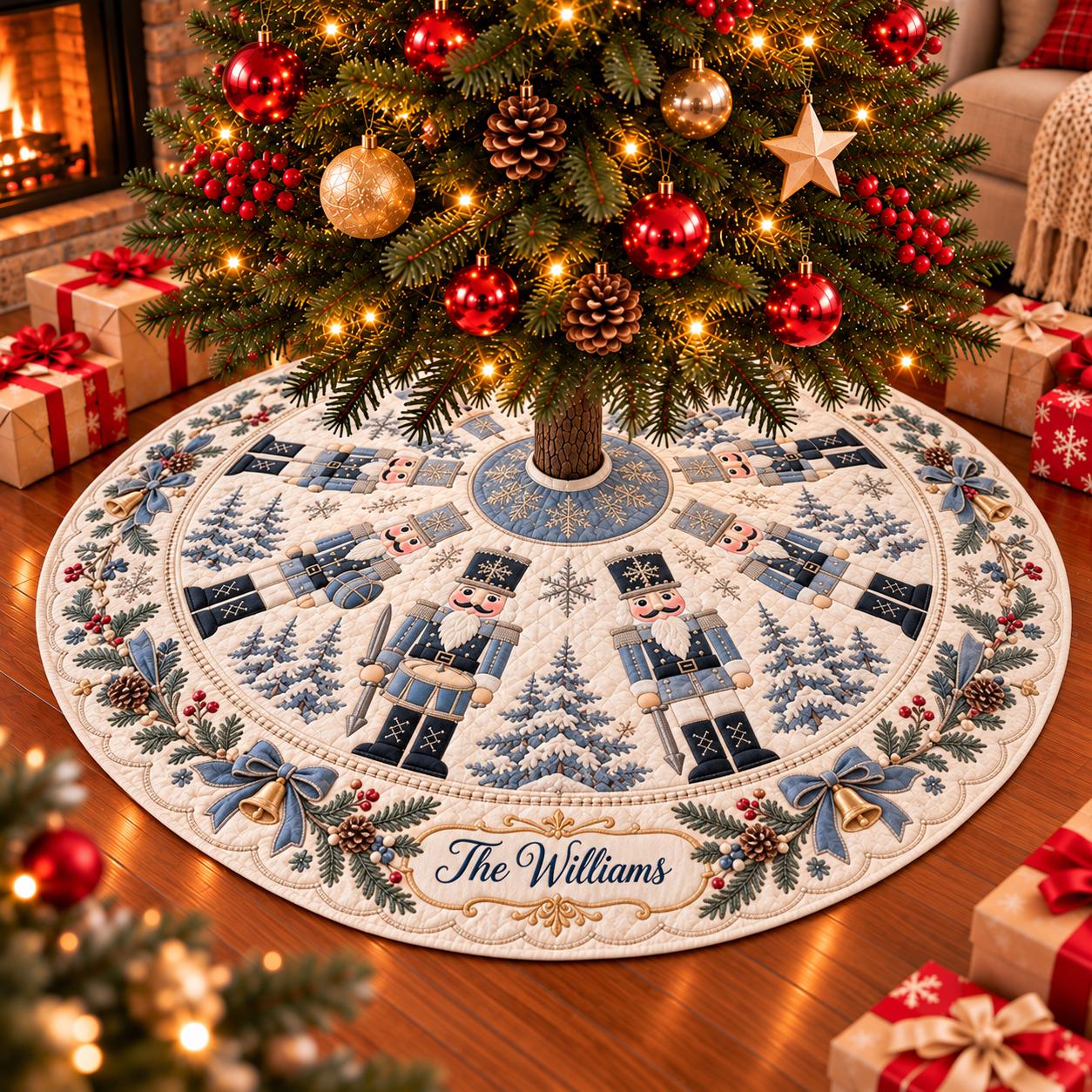 Nutcracker Christmas Tree Skirt with Snowy Forest Design, Personalized Family Name Holiday Decor, Elegant Indoor Tree Decoration