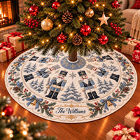 Nutcracker Christmas Tree Skirt with Snowy Forest Design, Personalized Family Name Holiday Decor, Elegant Indoor Tree Decoration