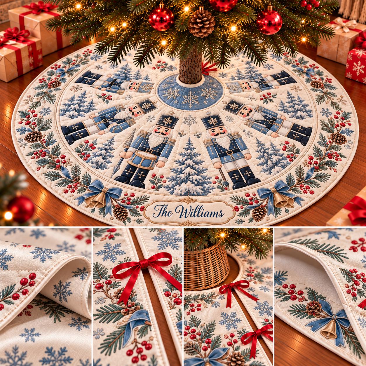 Nutcracker Christmas Tree Skirt with Snowy Forest Design, Personalized Family Name Holiday Decor, Elegant Indoor Tree Decoration