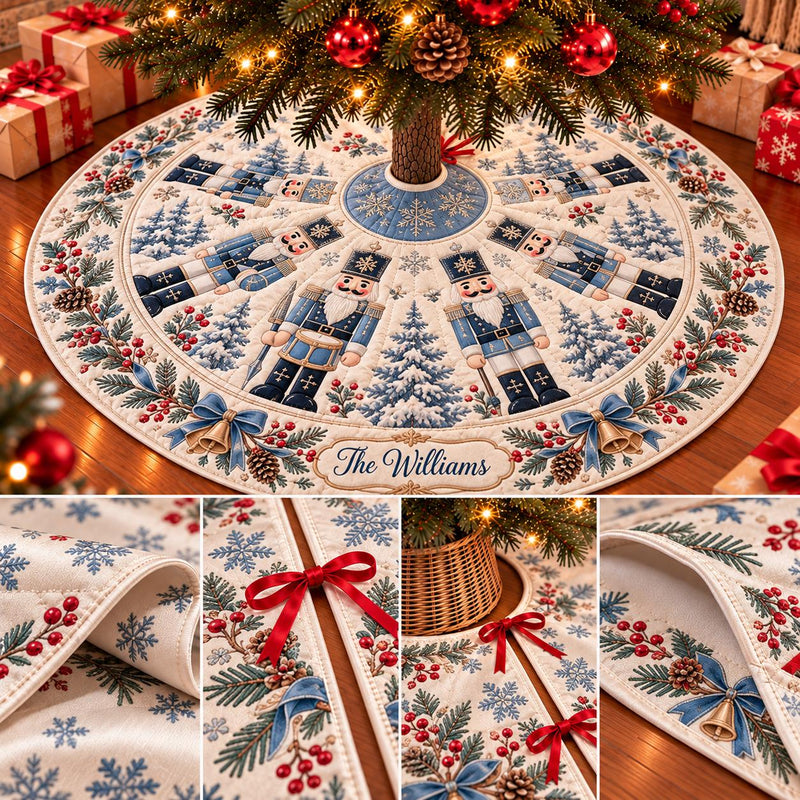 Nutcracker Christmas Tree Skirt with Snowy Forest Design, Personalized Family Name Holiday Decor, Elegant Indoor Tree Decoration