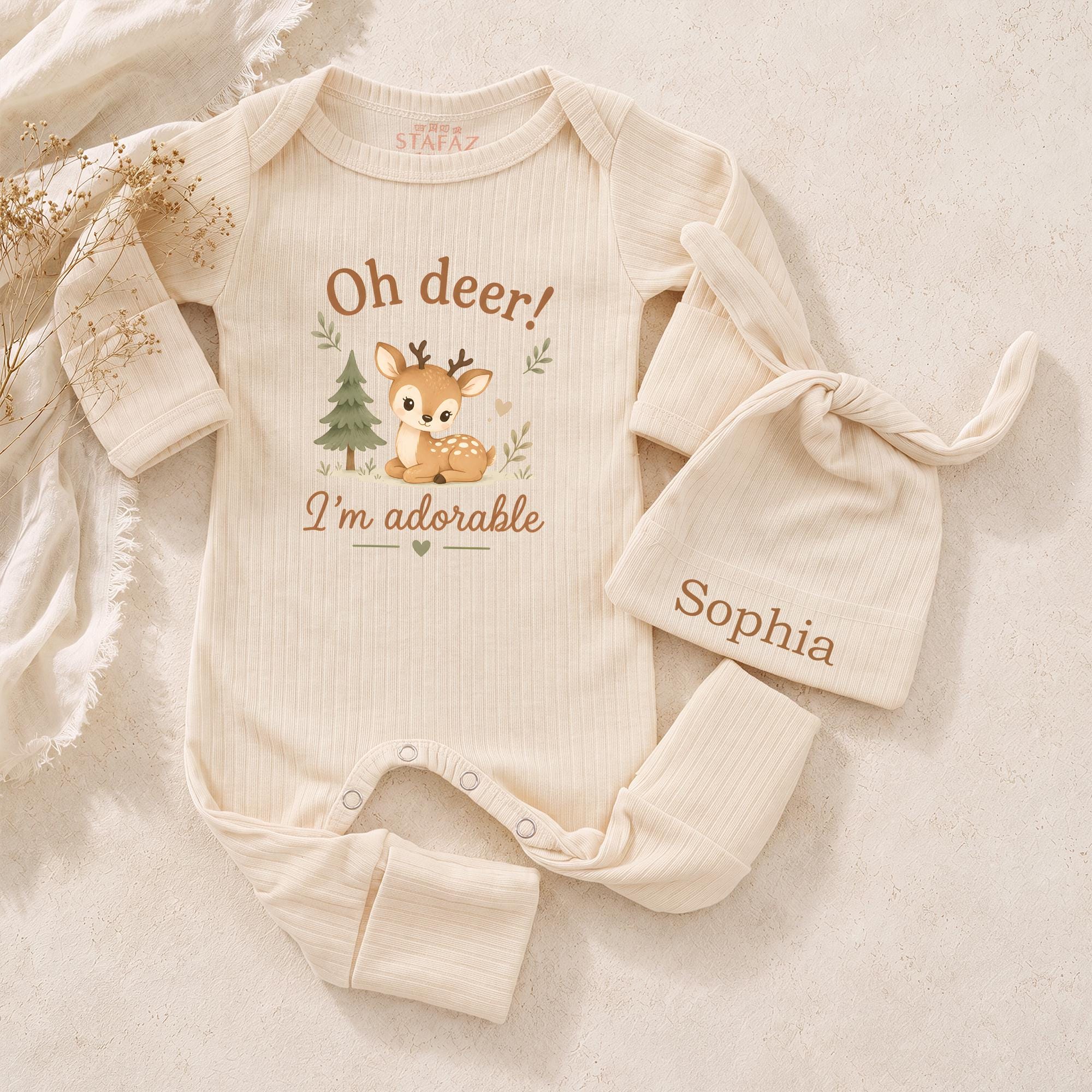 Oh Deer Baby Bodysuit with Cute Woodland Fawn Graphic and Custom Name Hat, Adorable Newborn Outfit for Baby Shower Gift