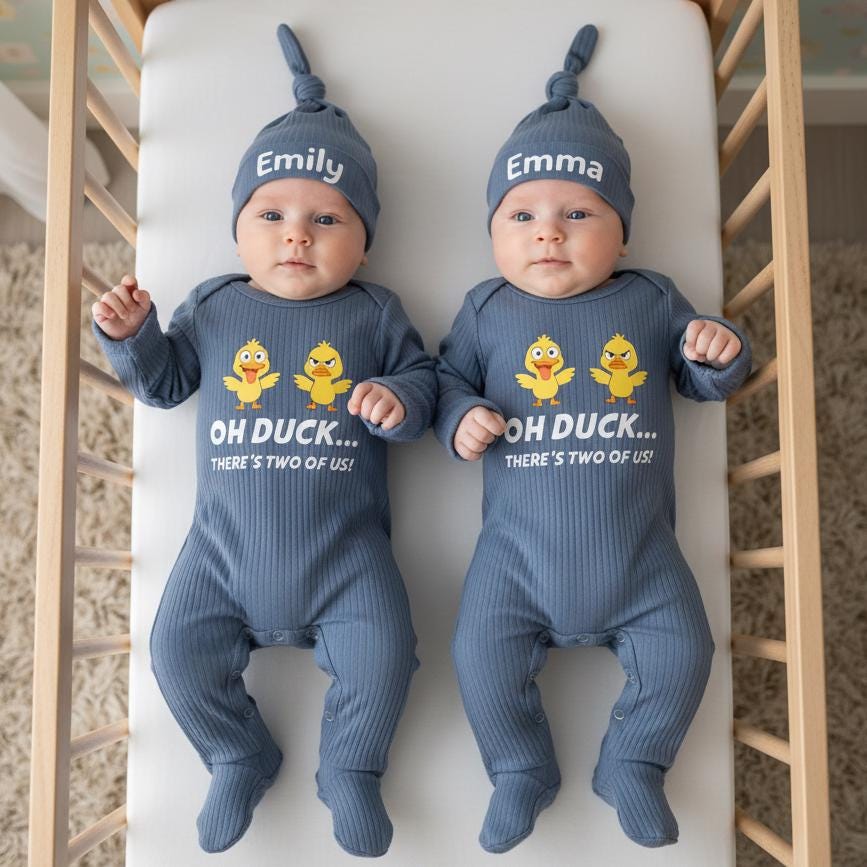 Oh Duck There’s Two of Us Baby Bodysuit Funny Twin Outfit Cute Duckling Design Soft Cotton Shower Gift for Twins or Coming Home Outfit