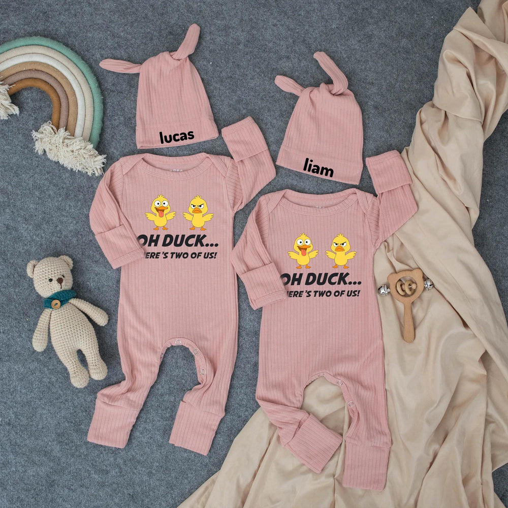 Oh Duck There’s Two of Us Baby Bodysuit Funny Twin Outfit Cute Duckling Design Soft Cotton Shower Gift for Twins or Coming Home Outfit