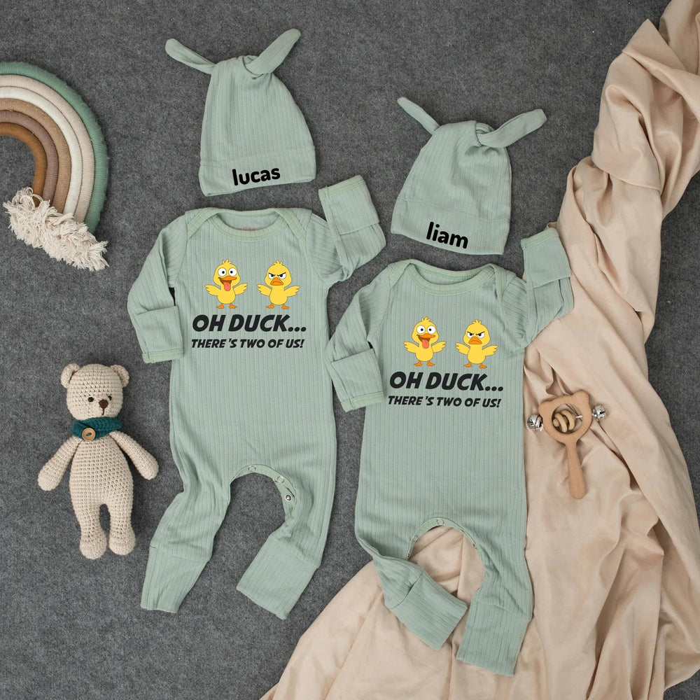 Oh Duck There’s Two of Us Baby Bodysuit Funny Twin Outfit Cute Duckling Design Soft Cotton Shower Gift for Twins or Coming Home Outfit
