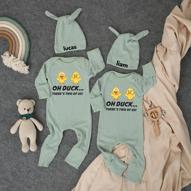 Oh Duck There’s Two of Us Baby Bodysuit Funny Twin Outfit Cute Duckling Design Soft Cotton Shower Gift for Twins or Coming Home Outfit
