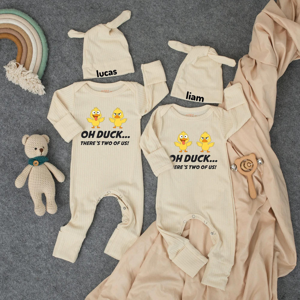 Oh Duck There’s Two of Us Baby Bodysuit Funny Twin Outfit Cute Duckling Design Soft Cotton Shower Gift for Twins or Coming Home Outfit
