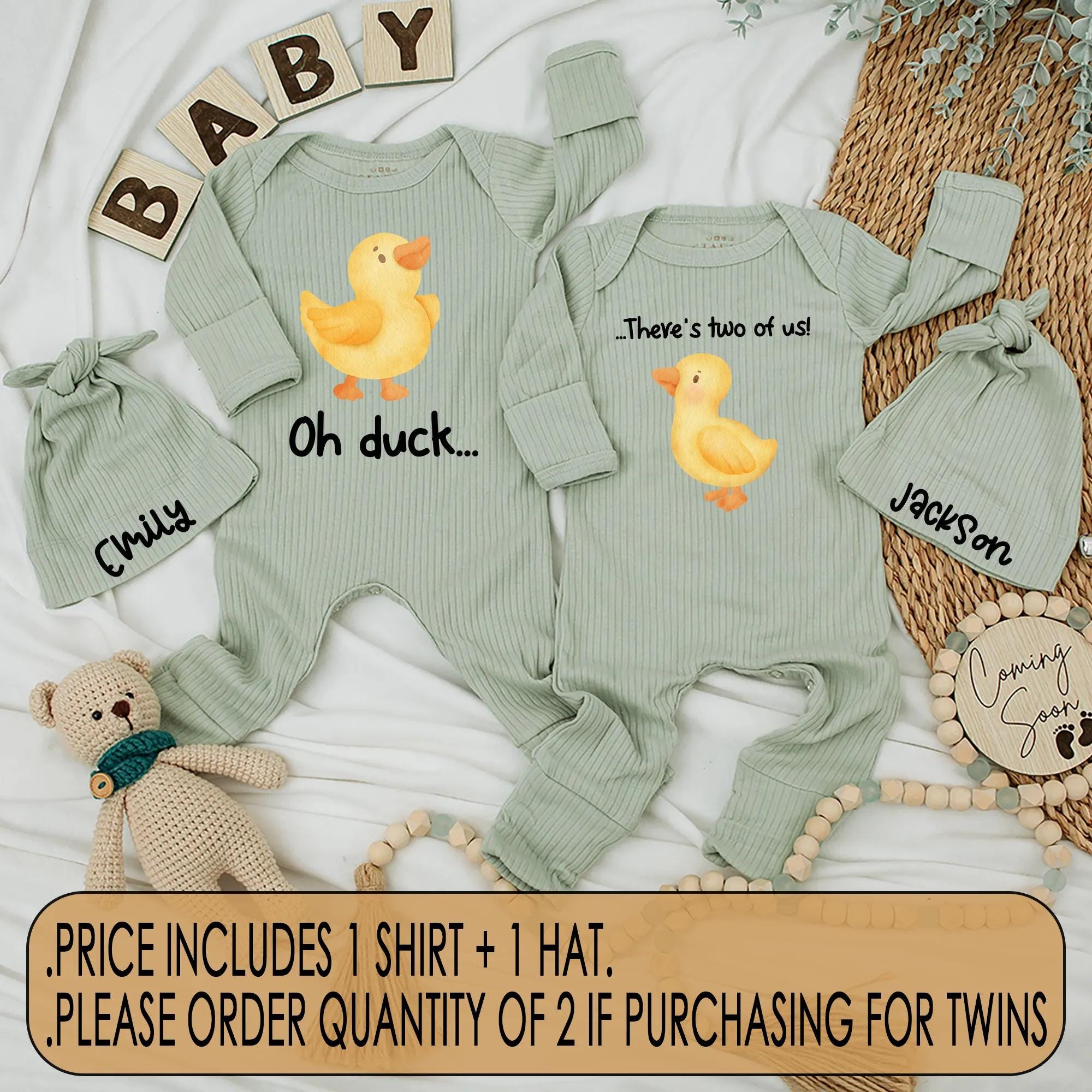 Oh Duck There's Two of Us Twins Set Baby Bodysuits Cute Yellow Duckling Design Funny Newborn Matching Outfits Custom Name Gift
