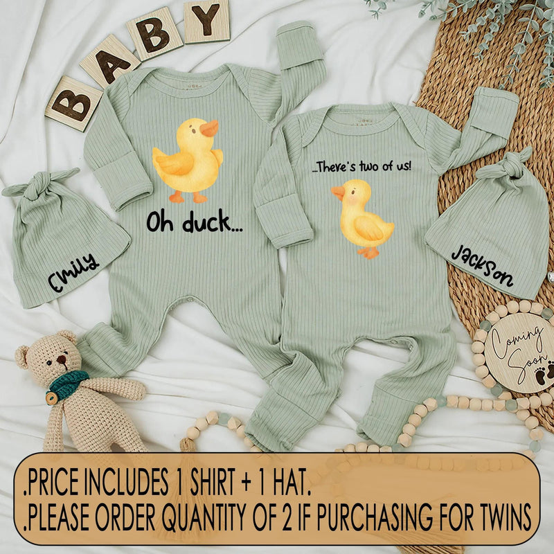 Oh Duck There's Two of Us Twins Set Baby Bodysuits Cute Yellow Duckling Design Funny Newborn Matching Outfits Custom Name Gift