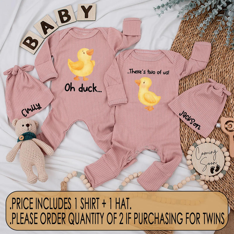 Oh Duck There's Two of Us Twins Set Baby Bodysuits Cute Yellow Duckling Design Funny Newborn Matching Outfits Custom Name Gift