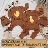 Oh Duck There's Two of Us Twins Set Baby Bodysuits Cute Yellow Duckling Design Funny Newborn Matching Outfits Custom Name Gift