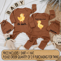 Oh Duck There's Two of Us Twins Set Baby Bodysuits Cute Yellow Duckling Design Funny Newborn Matching Outfits Custom Name Gift