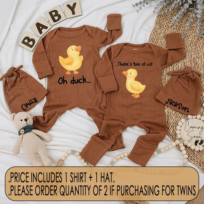 Oh Duck There's Two of Us Twins Set Baby Bodysuits Cute Yellow Duckling Design Funny Newborn Matching Outfits Custom Name Gift