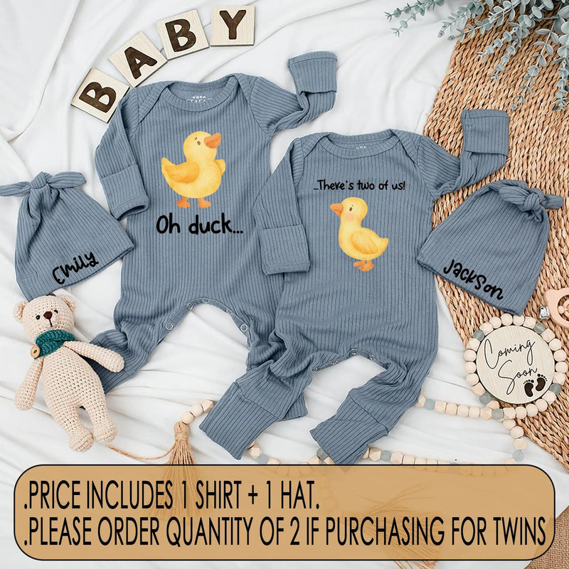 Oh Duck There's Two of Us Twins Set Baby Bodysuits Cute Yellow Duckling Design Funny Newborn Matching Outfits Custom Name Gift