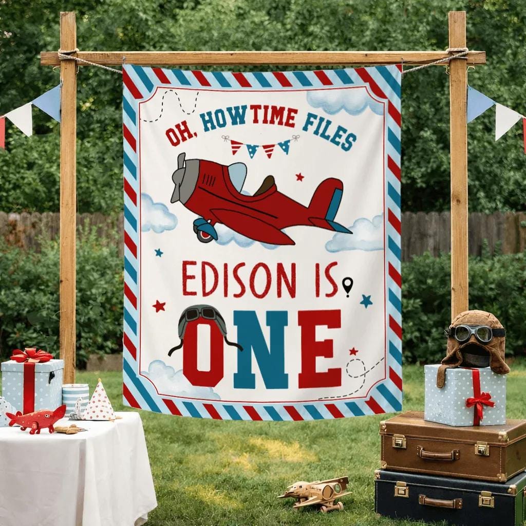 Oh How Time Flies Baby Boy 1st Birthday Banner with Airplane Design Pilot Theme Party Decor Custom Name Soft Clouds Red Blue Stripes