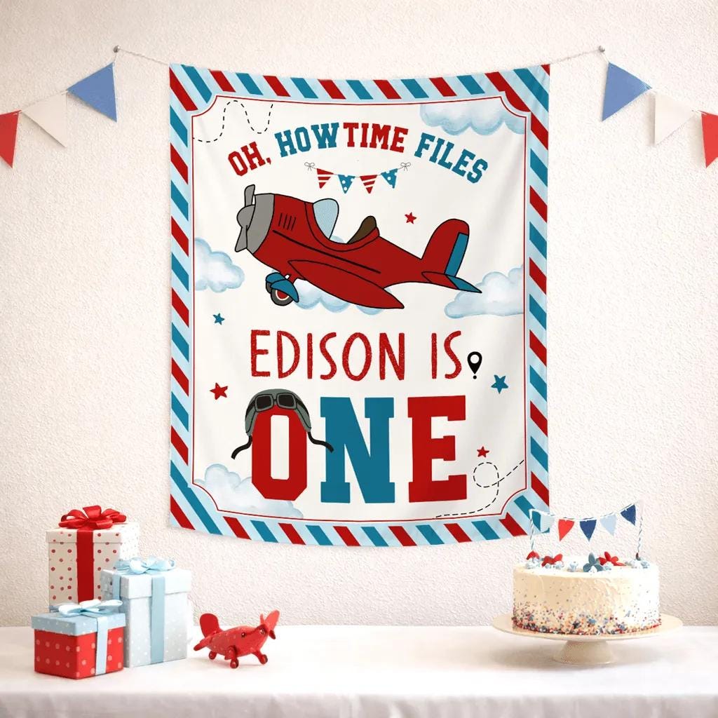 Oh How Time Flies Baby Boy 1st Birthday Banner with Airplane Design Pilot Theme Party Decor Custom Name Soft Clouds Red Blue Stripes