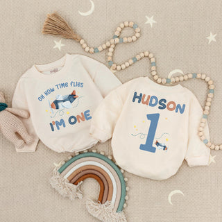 Oh How Time Flies I'm One Baby Romper with Airplane Graphic, Custom Name 1st Birthday Outfit for Toddler Party or Cake Smash Photos