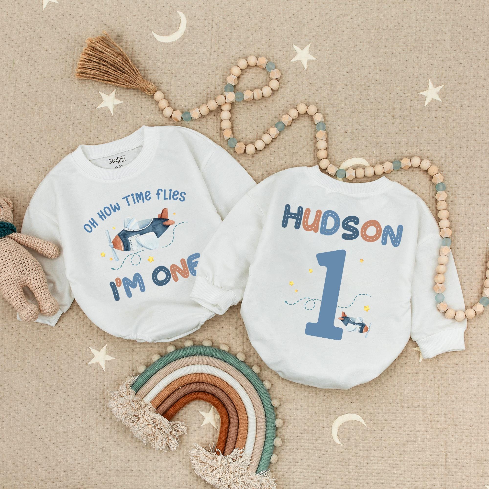 Oh How Time Flies I'm One Baby Romper with Airplane Graphic, Custom Name 1st Birthday Outfit for Toddler Party or Cake Smash Photos