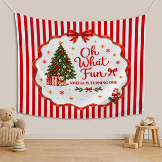Oh What Fun Christmas 1st Birthday Silk Banner with Custom Name, Red Striped Backdrop for Holiday Party or Cake Smash Photos