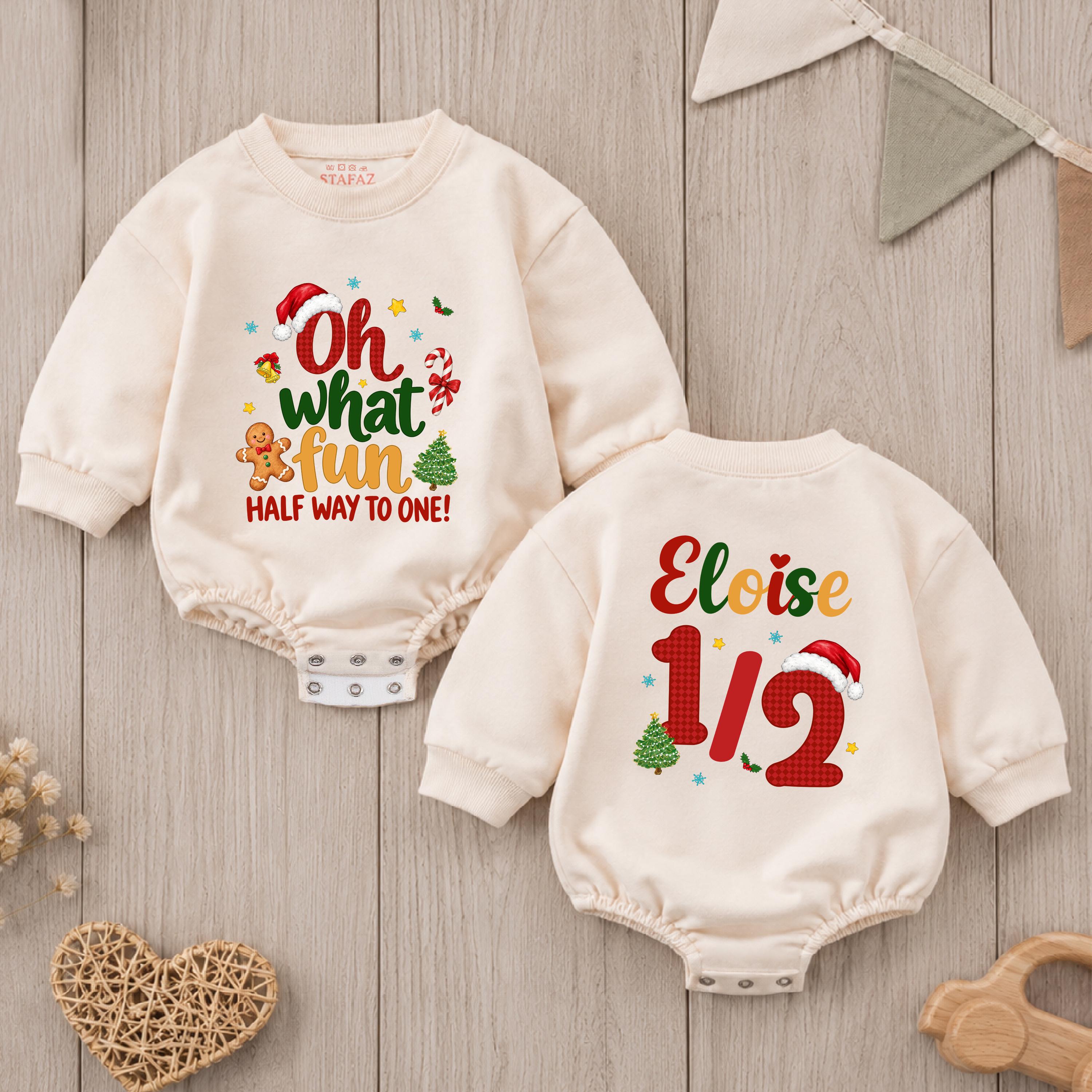 Oh What Fun Half Way to One Baby Romper with Custom Name, Christmas Half Birthday Outfit for Baby Girls or Boys