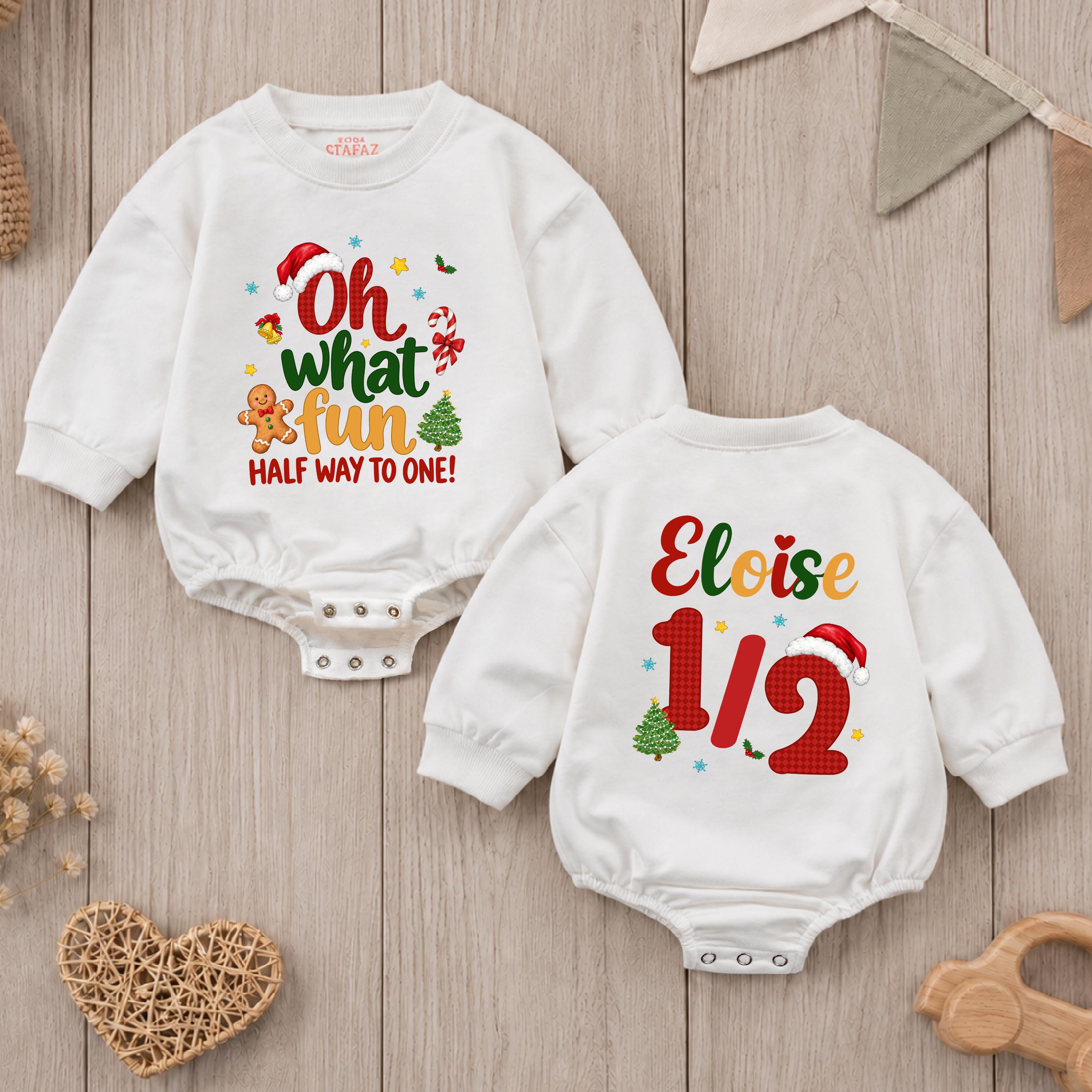 Oh What Fun Half Way to One Baby Romper with Custom Name, Christmas Half Birthday Outfit for Baby Girls or Boys