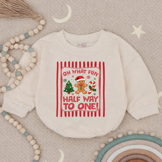 Oh What Fun Halfway to One Baby Sweater with Gingerbread Artwork, Christmas Milestone Outfit, Holiday Infant Photo Prop