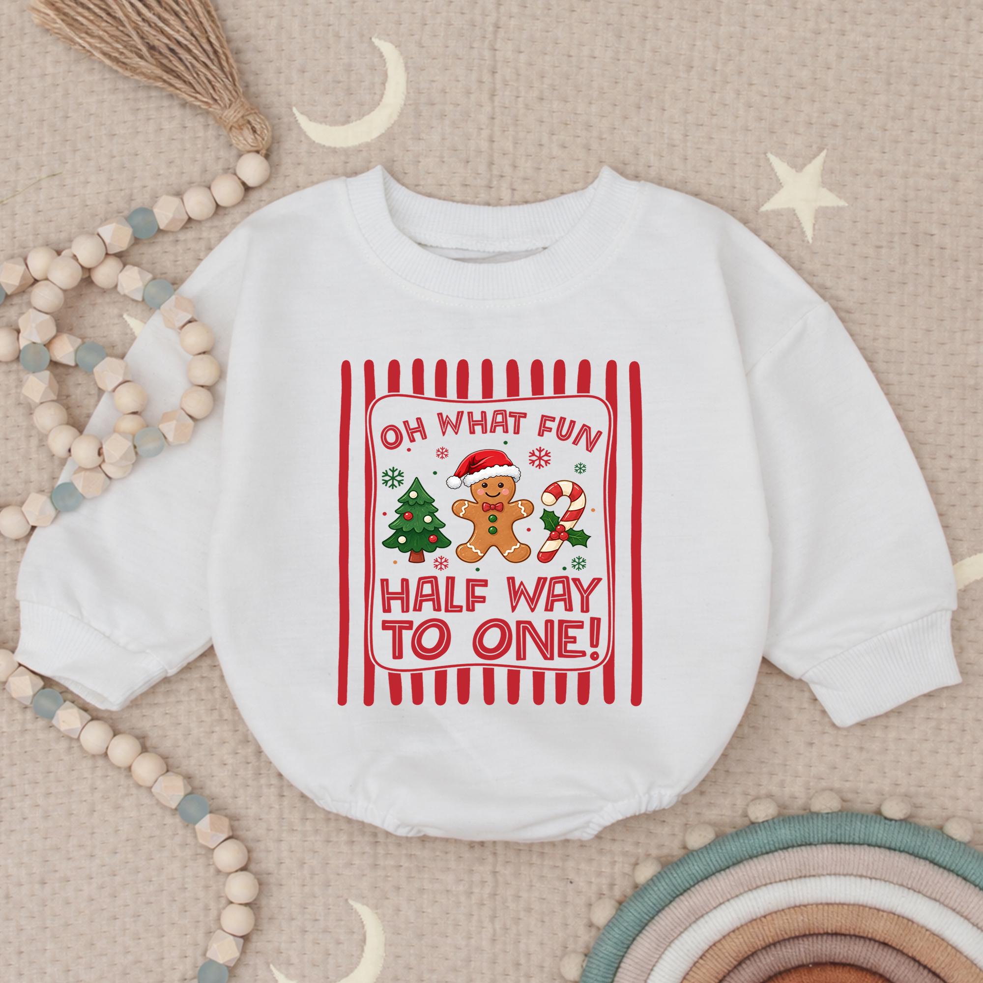 Oh What Fun Halfway to One Baby Sweater with Gingerbread Artwork, Christmas Milestone Outfit, Holiday Infant Photo Prop