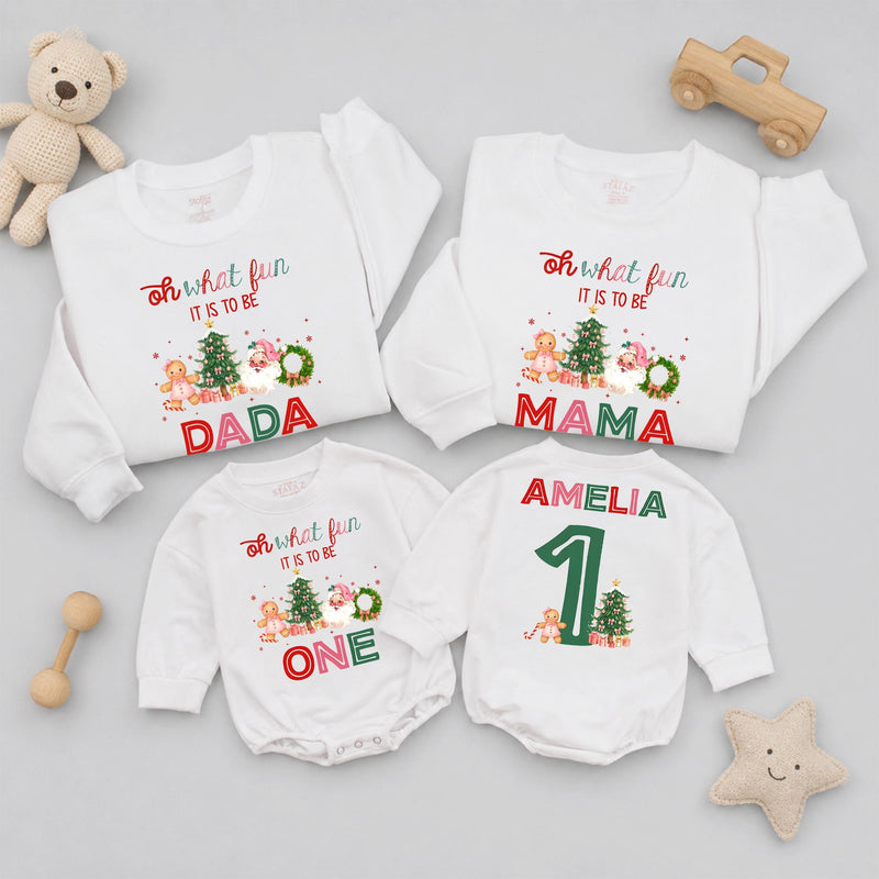Oh What Fun It Is to Be One Baby Romper and Matching Family Christmas Sweatshirts with Custom Names, Holiday Outfits for Photos